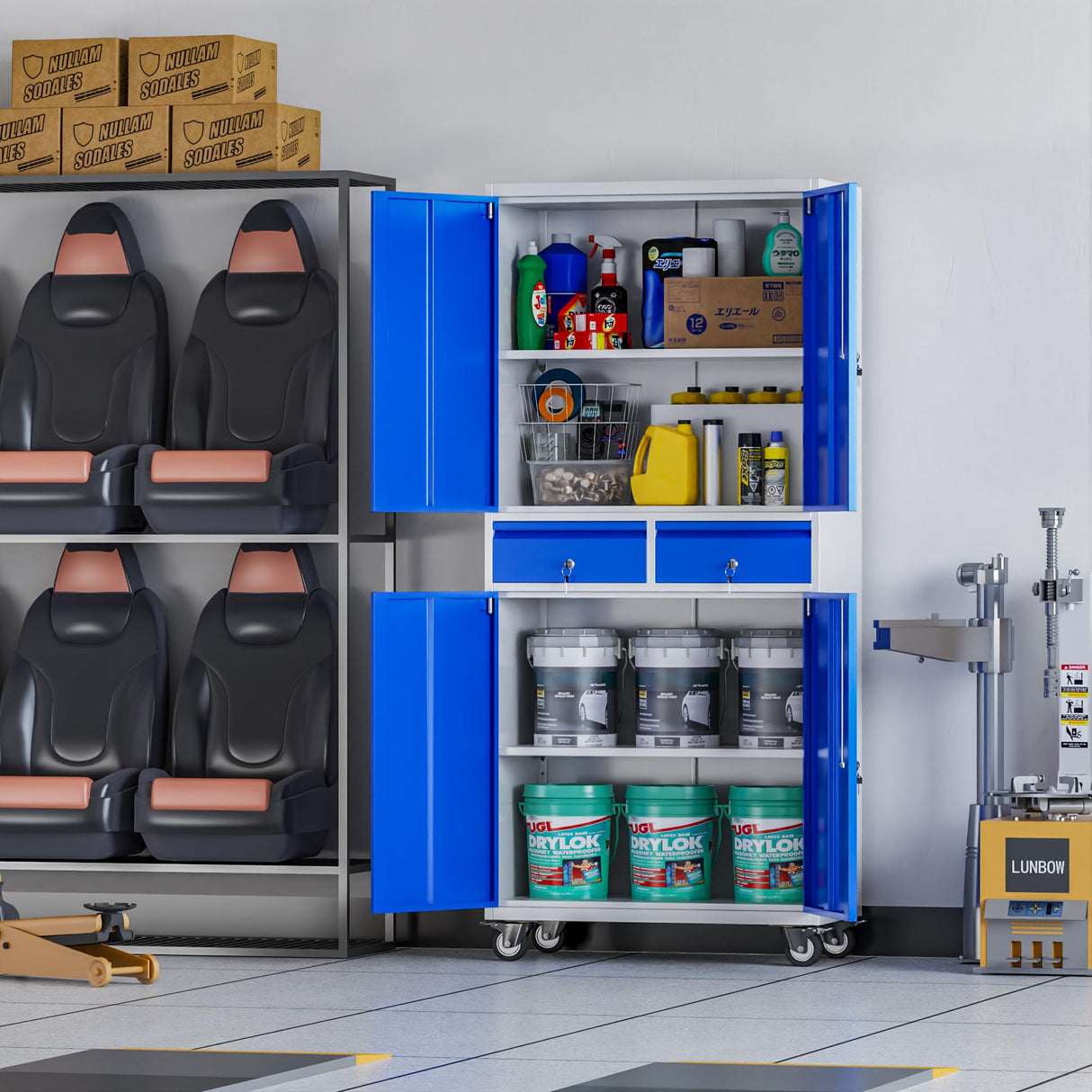 METAN 71" H 2 Drawer Metal Storage Cabinet with Locking Doors,Steel Rolling Tool Storage Cabinet with 2 Adjustable Shelves for Garage,Home, Office, Kitchen Assembly Required (Grey Blue) METAN