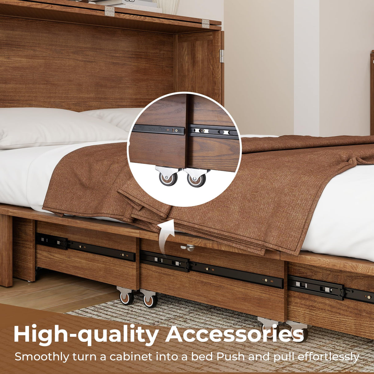 Nesbsakte Queen Murphy Bed Cabinet: Hidden Space-Saving Solid Wood Cabinet Bed with USB Charging for Beedrooms and Apartments(Mattress Not Included) Yellow Brown-15 Nesbsakte