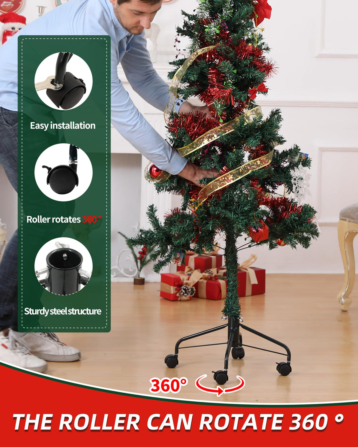 Christmas Tree Stands for Artificial Trees, Artificial Christmas Tree Stand with Wheels,Rolling Christmas Tree Base for 3 Ft to 6 Ft Artificial Christmas Trees, fits 0.5-1.25 Inch Tree Pole, Green BakCover