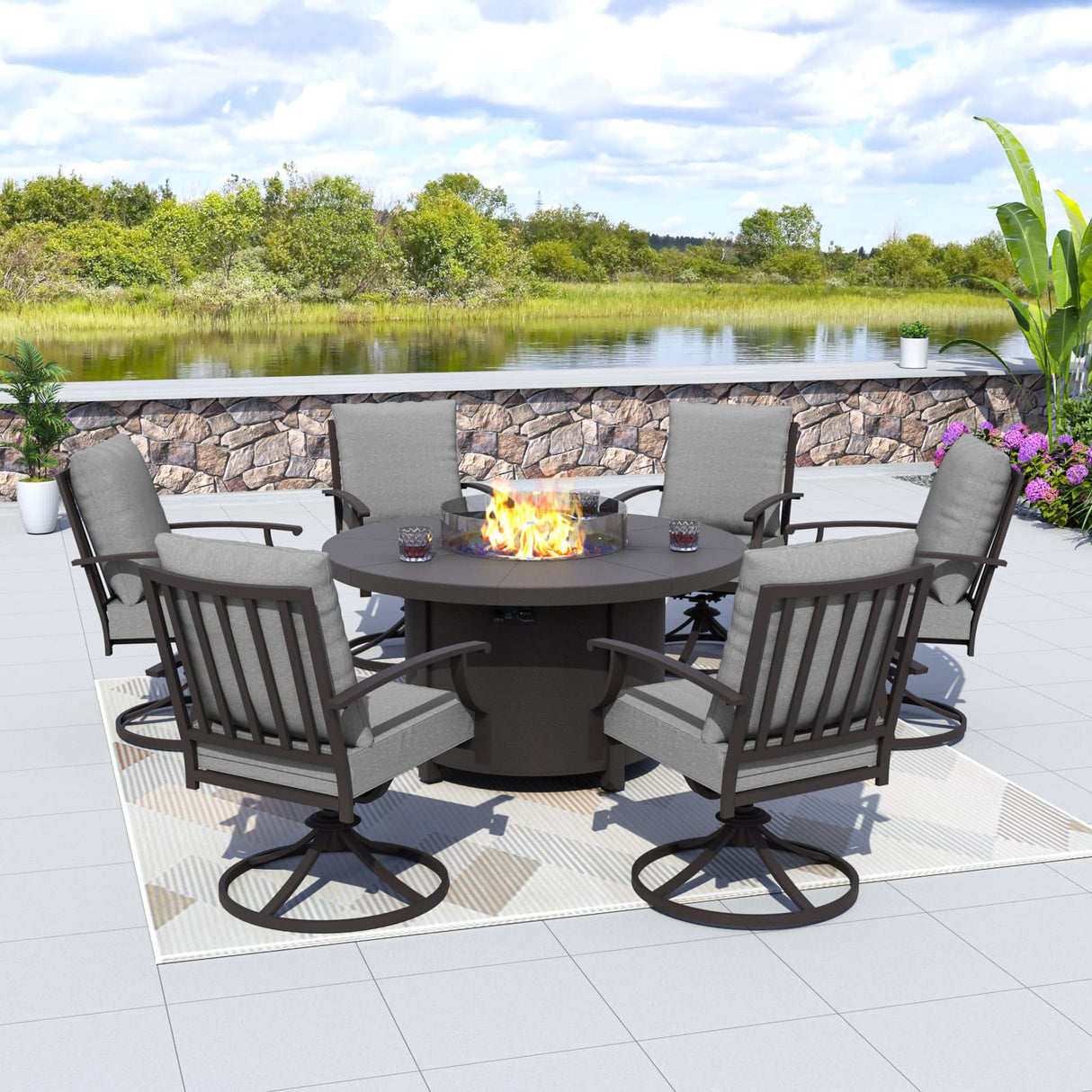 Kurapika 7 Piece Metal Outdoor Patio Furniture Set with Round Fire Pit Table, Patio Conversation Sets 6 Swivel Chairs with Thick Cushion and 40000 BTU Fire Pit Table, Grey Kurapika