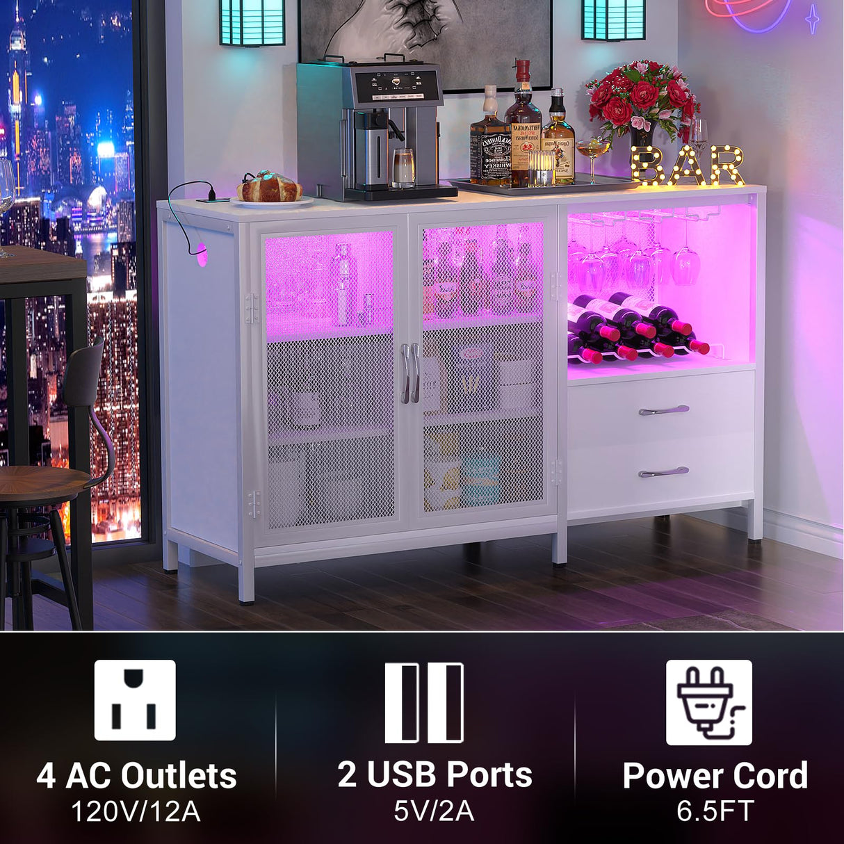 Cyclysio Multifunctional Wine Bar Cabinet with Charging Station, LED Lights and Ample Storage in White Cyclysio