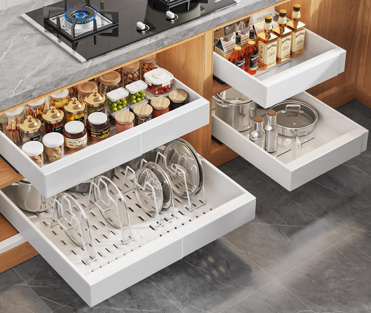 Seinloes 4Pack Expandable Pull Out Cabinet Organizer 21"Deep With Raising Pad for Framed Cabinets,Slide Out Drawers with 4pcs Divider Racks,Roll Out Shelves Adhesive,Adjustable Width 12.05"-20.4"White Seinloes