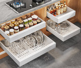 Seinloes 4Pack Expandable Pull Out Cabinet Organizer 21"Deep With Raising Pad for Framed Cabinets,Slide Out Drawers with 4pcs Divider Racks,Roll Out Shelves Adhesive,Adjustable Width 12.05"-20.4"White Seinloes