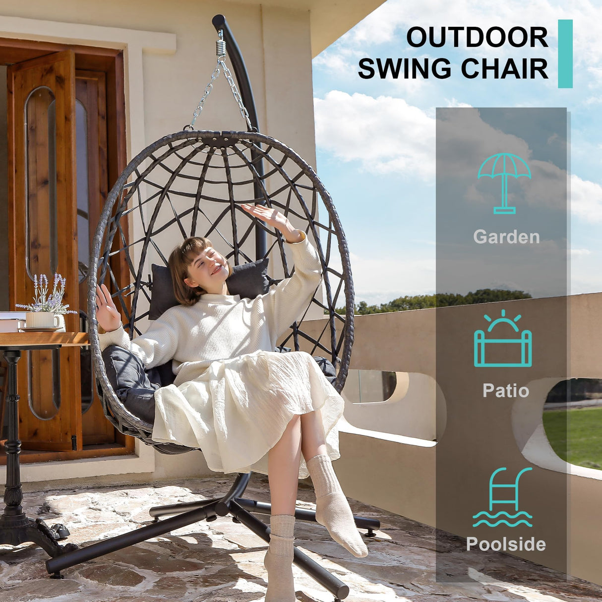 SWITTE Egg Swing Chair with Stand, Outdoor Patio Hanging Egg Chair, Indoor Hammock Chair with Cushion for Garden Backyard, 350LBS Capacity-Dark Grey SWITTE