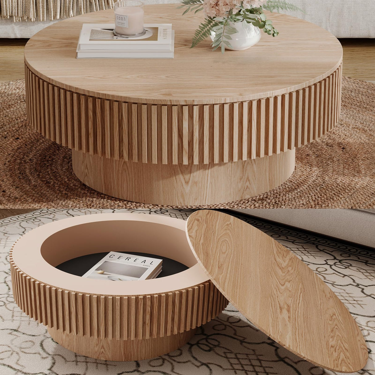 BSYEIO 31.5''Round Coffee Table with Storage, Modern Luxury Circle Drum Center Tables with Solid Wood Veneered, Accent Side Coffee Table for Living Room, Bedroom, Apartment-Natural BSYEIO