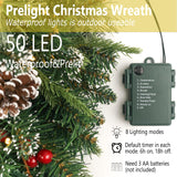 Christmas Wreath Snowy Pre-lit 24 inch with 50 Light & Pine Cone, Artificial Christmas Wreaths for Front Door with Lights, Wreath for Christmas Decoration Door Windows Wall Green HomeKaren