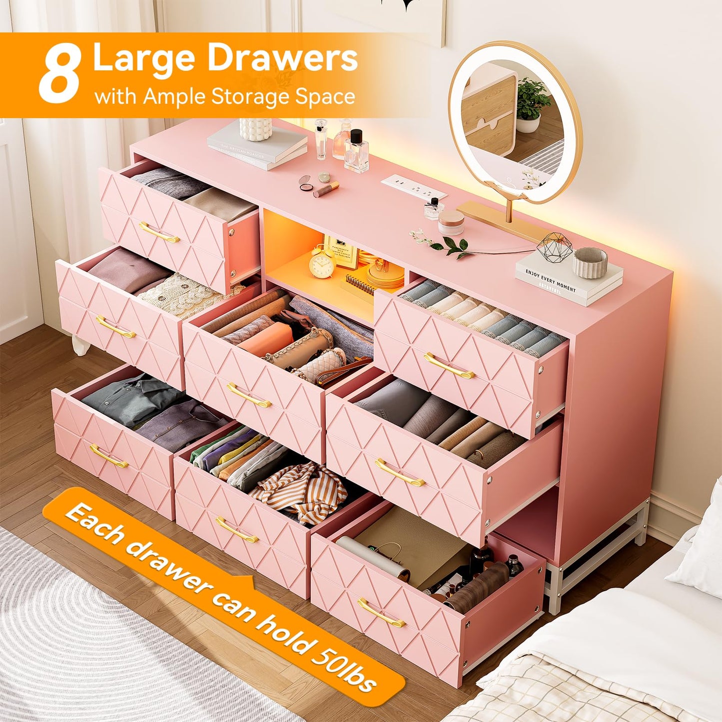 GarveeHome Pink Dresser for Bedroom with 8 Deep Drawer, 59" TV Dresser Wooden Large Long Dresser with Power Outlet and LED Lights, Modern Chest of Drawers Storage Organizer for Living Room, Hallway