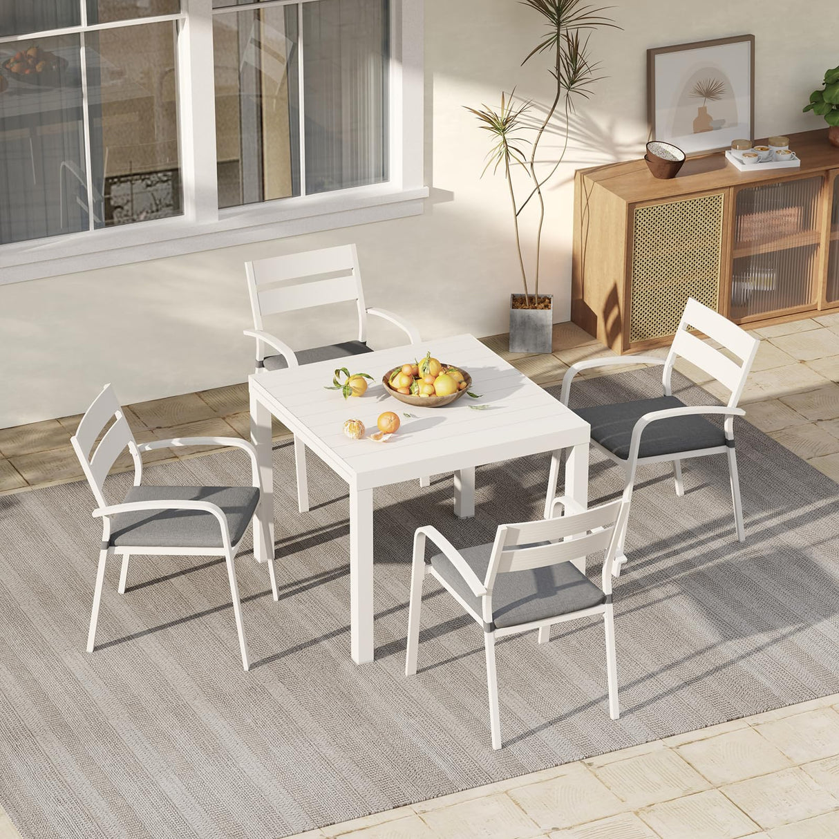 Soleil Jardin 7-Piece Outdoor Patio Dining Set, 35" - 71" Aluminum Expandable Outdoor Dining Table Set for 6, 6 Stackable Chairs with Gray Removable Cushions, White Soleil Jardin