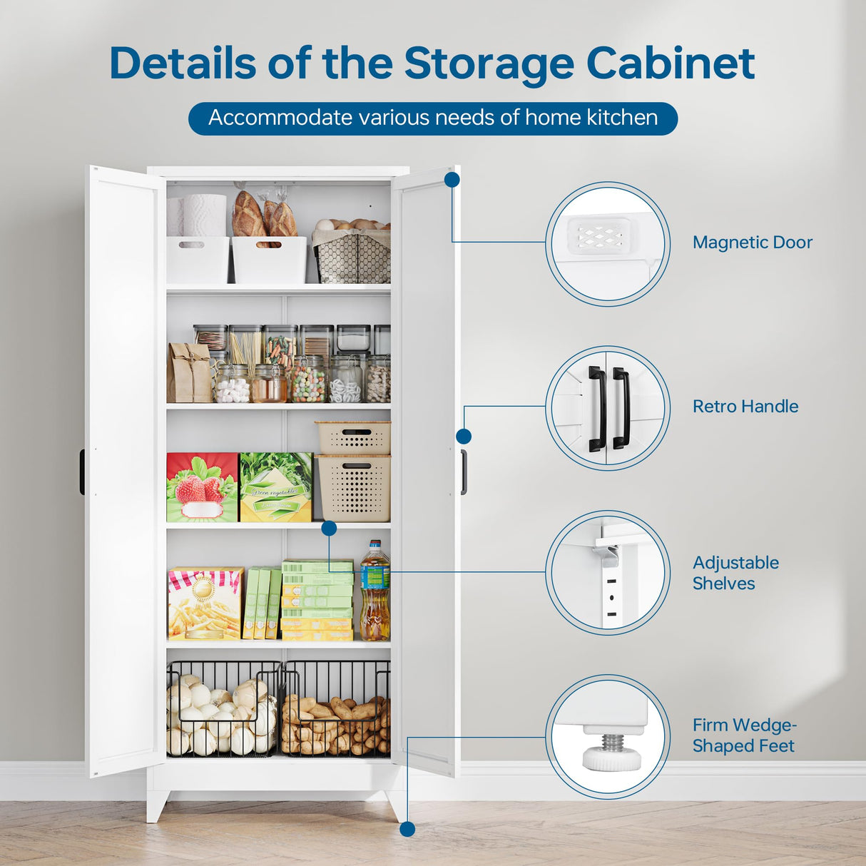 PEUKC 75" Farmhouse Metal Storage Cabinet with Doors and 4 Adjustable Shelves, Large Pantry Organizer for Kitchen, Dining Room, and Living Room,Assemble Require(White) PEUKC