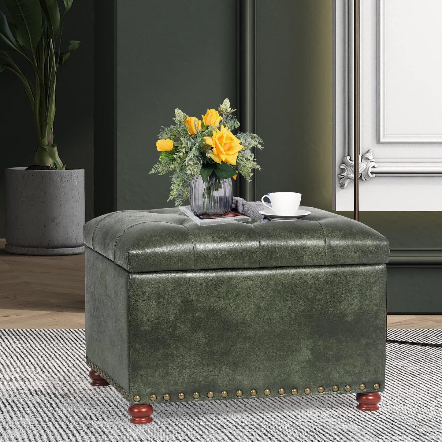 Joveco Storage Ottoman Rectangular Tufted Upholstered Ottomans with Rivet, Footrest Footstool Seat with Wood Legs for Living Room Bedroom (Black Green)