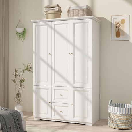 LABROSKIA White Wardrobe with 2 Drawers: 74" Large Wardrobe Closet for Hanging Clothes, Tall Armoire Closet with 2 Doors, Bedroom Armoires with Hanging Rod (47") LABROSKIA