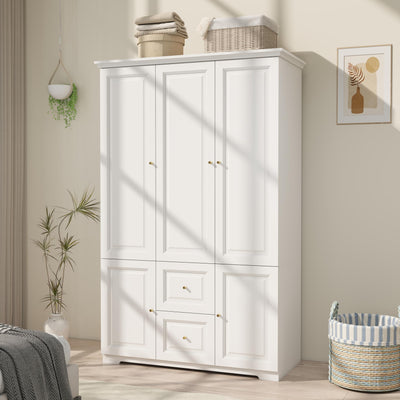 LABROSKIA White Wardrobe with 2 Drawers: 74" Large Wardrobe Closet for Hanging Clothes, Tall Armoire Closet with 2 Doors, Bedroom Armoires with Hanging Rod (47")