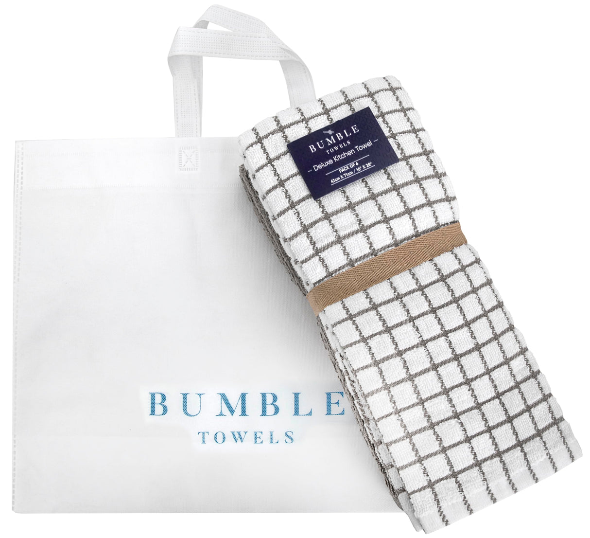 Kitchen Towels 16"x 28" | Dish Towels | Kitchen Hand Towels | Large Dishcloths Set | Highly Absorbent Tea Towel, Soft with Hanging Loop | Natural Ring Spun Cotton, 380 GSM | Gray Check Design - 6 Pack Bumble Towels