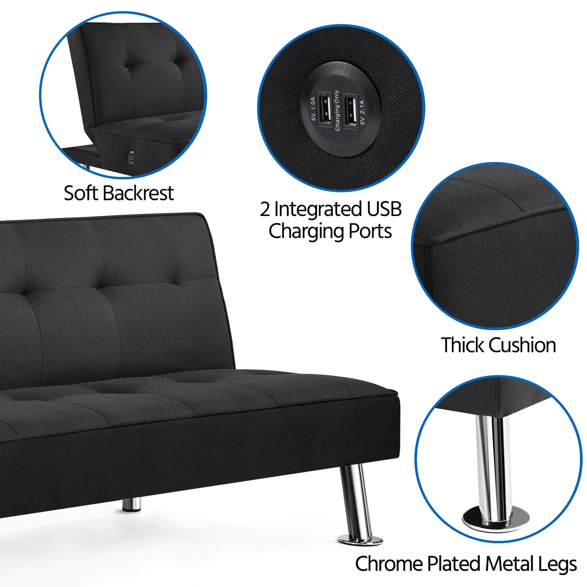 Yaheetech Modern Convertible Futon Sofa Bed w/ 2 Integrated USB Charging Ports Fabric Loveseat Couch Metal Legs, 3 Angles Adjustable Back for Compact Living Space, Apartment, Dorm, Bonus Room - WoodArtSupply