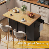 knoworld 51.5'' Rolling Kitchen Island with Storage Cabinet & Drawers, Drop Leaf Kitchen Cart on Wheels, Farmhouse Portable Mobile Islands, Large Butcher Block Table with Tower/Spice Rack, Black knoworld