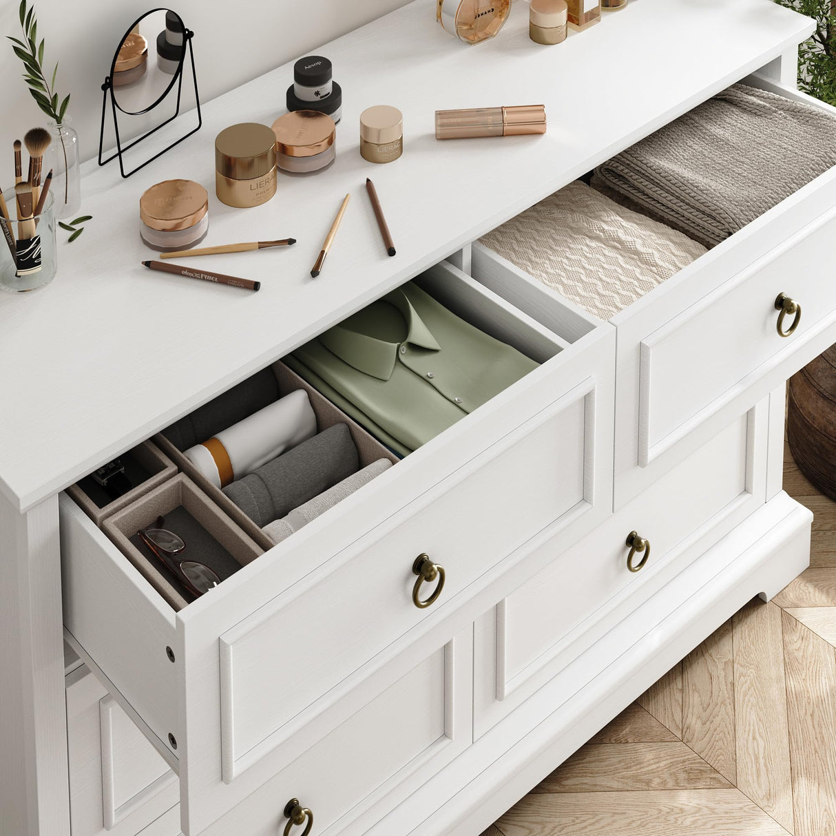 HOSTACK 6 Drawer Double Dresser, Modern Farmhouse Chest of Drawers, Wide Dressers Organizer, Accent Wood Storage Cabinet for Living Room, Hallway, White HOSTACK