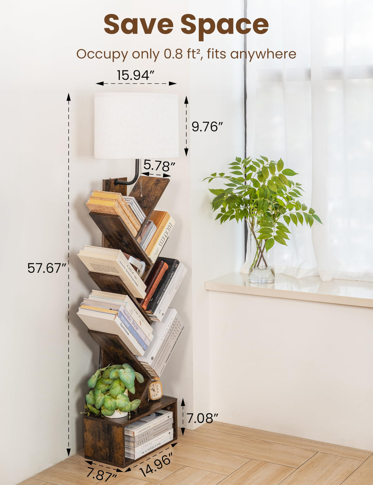 TabHolderix 6 Tier Tree Bookshelf with Light, Corner Tall Narrow Bookshelf, Small Bookcase with Storage Cabinet,Floor Standing Bookshelves Organizer for Bedroom/Living Room/Home Office, Rustic Brown TabHolderix