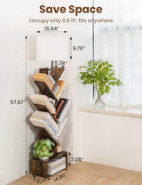TabHolderix 6 Tier Tree Bookshelf with Light, Corner Tall Narrow Bookshelf, Small Bookcase with Storage Cabinet,Floor Standing Bookshelves Organizer for Bedroom/Living Room/Home Office, Rustic Brown TabHolderix