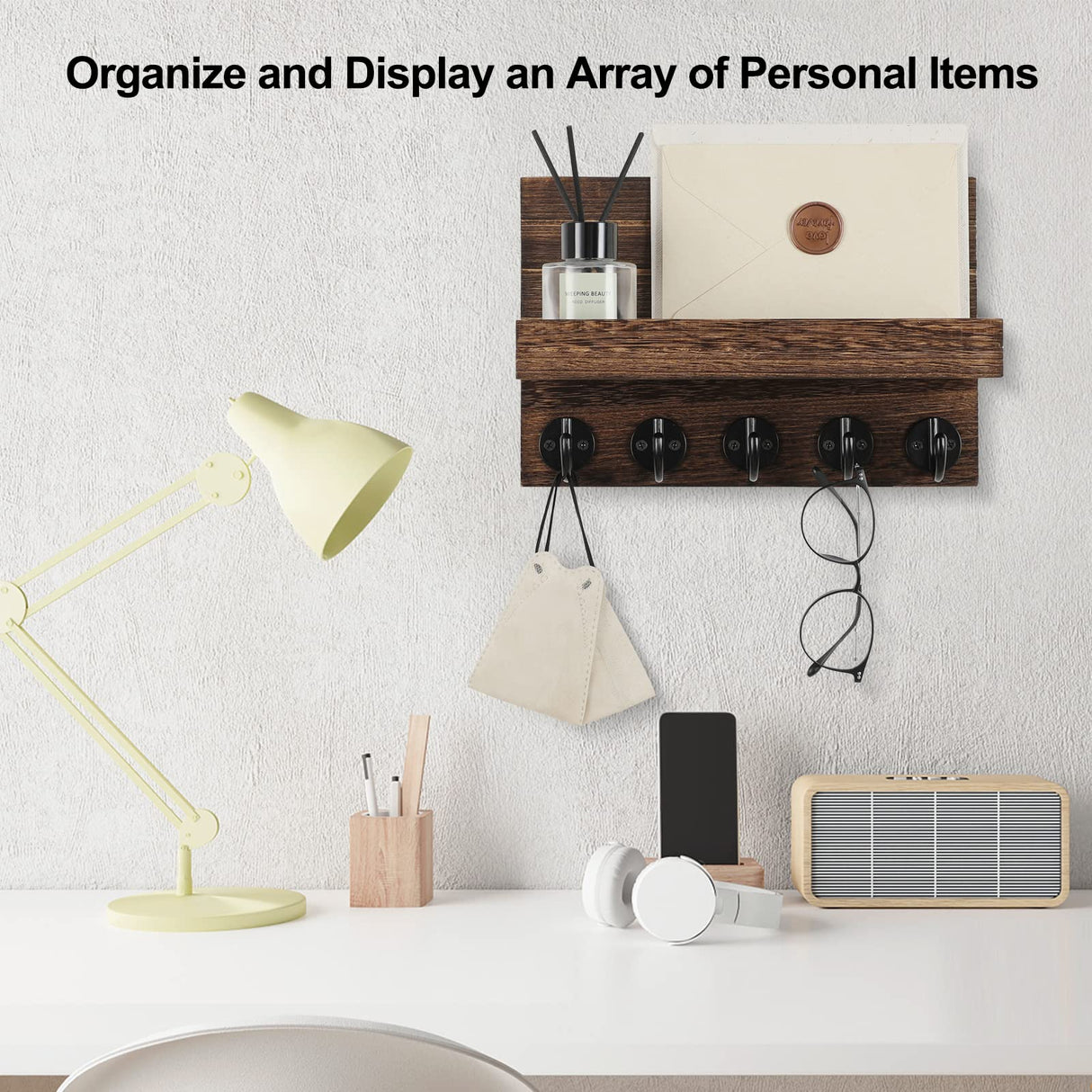 Lwenki Key Holder for Wall, Decorative Key and Mail Holder with Shelf Has Large Key Hooks for Bags, Coats – Paulownia Wood Key Hanger with Mounting Hardware (9.8”W x 6.7”H x 4.2”D) (Brown) Lwenki