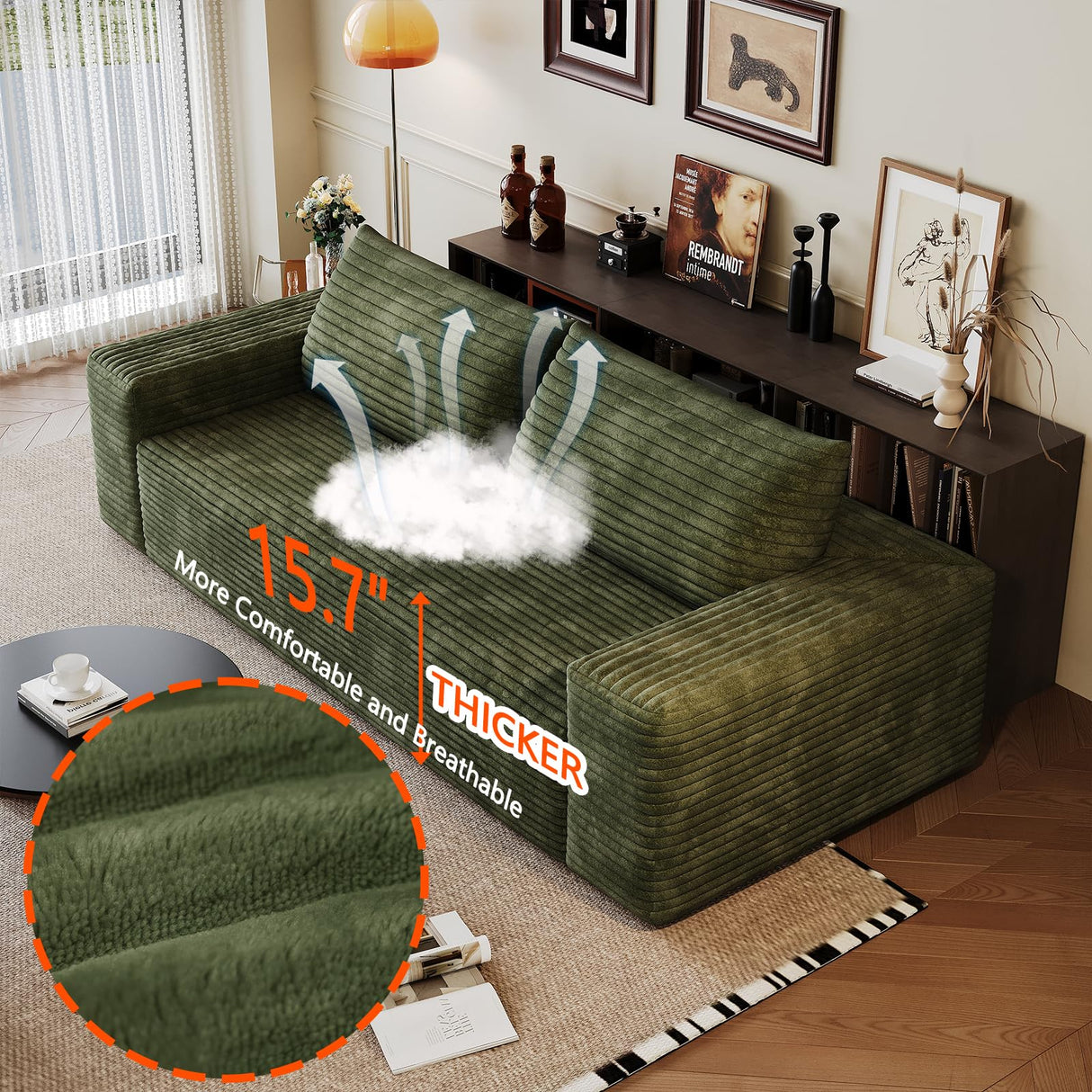 63" Cloud Loveseat Sofa - Boneless Deep Seat 2-Seater, No Assembly Foam Floor Couch, Plush Corduroy Fabric, Modern Living Room Sofa for Small Space Apartment, Bedroom, Office (Green, 63") Klwenas Maec