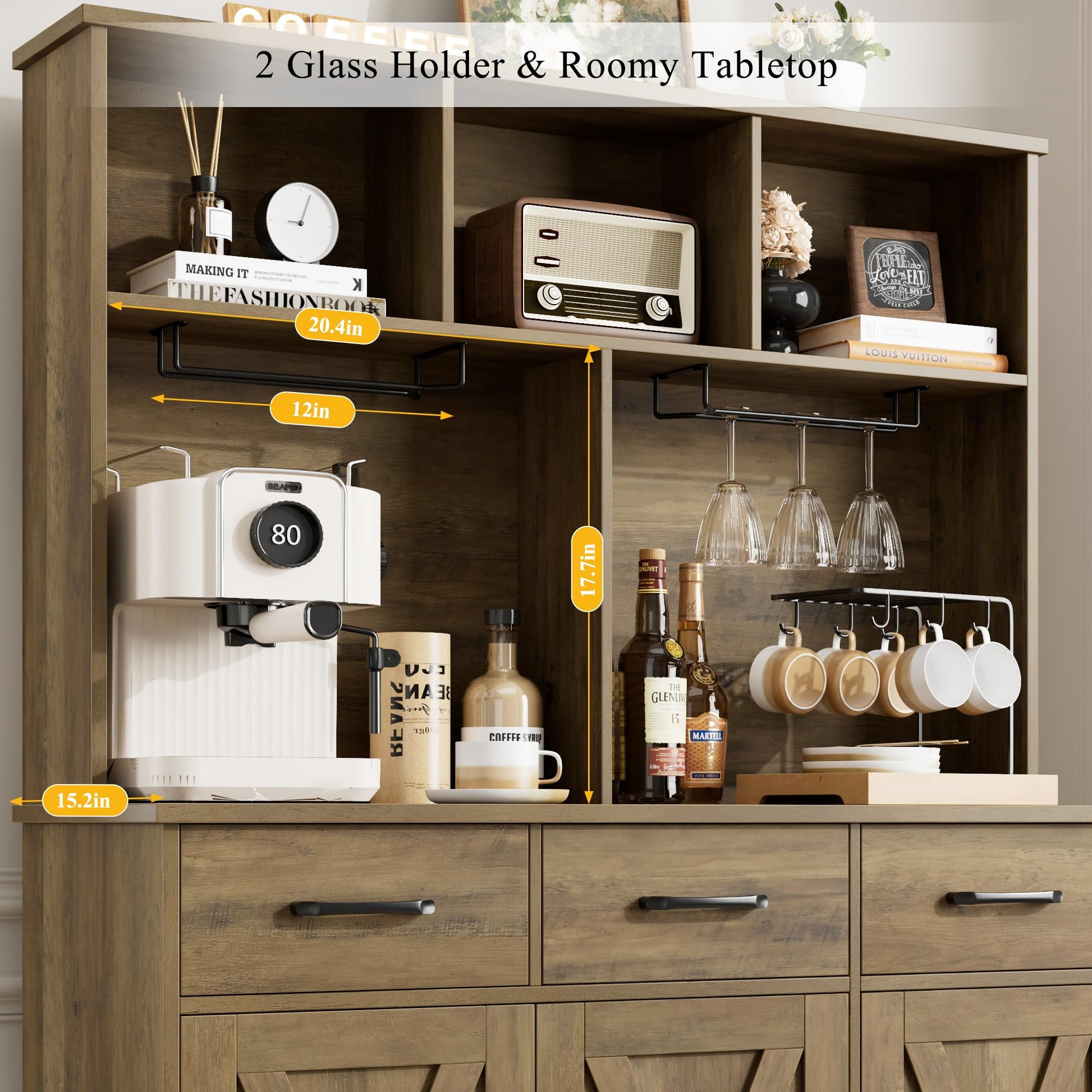 HOSTACK Buffet Cabinet with Hutch, Modern Farmhouse Kitchen Buffet Sideboard Storage Cabinet with 3 Drawers, Barn Door Coffee Bar Station, Liquor Cabinet for Dining Room, Living Room, Rustic  - WoodArtSupply