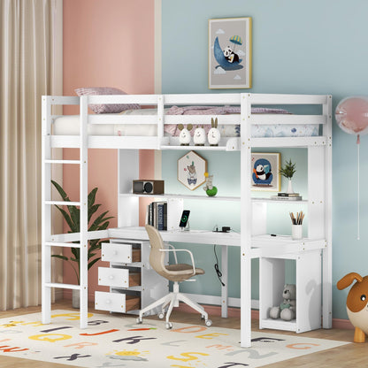 CITYLIGHT Multifunctional Twin Loft Bed with Desk, Storage and Charging Station in White - WoodArtSupply