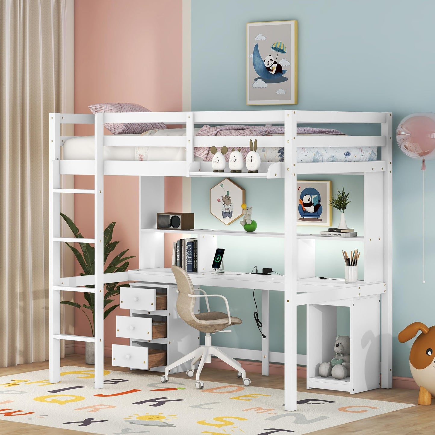 Harper & Bright Designs White Twin Loft Bed with Desk, LED Light, Charging Station and Storage Solutions - WoodArtSupply