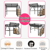 Metal Loft Bed with Desk and RGB LED Lights, Full Size Loft Bed with Stairs and Charging Station,Kids Loft Beds with Storage Shelves for Upper and Wardrobe,Loft Beds Frame for Kids Teens, Black Duxelifin