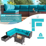 Kullavik 8 Pieces Outdoor Patio Furniture Set,Sectional Sofa Set with 43" 55000 BTU Gas Propane Fire Pit Table,Brown PE Rattan Wicker Patio Conversation Set,Turquoise Blue Kullavik