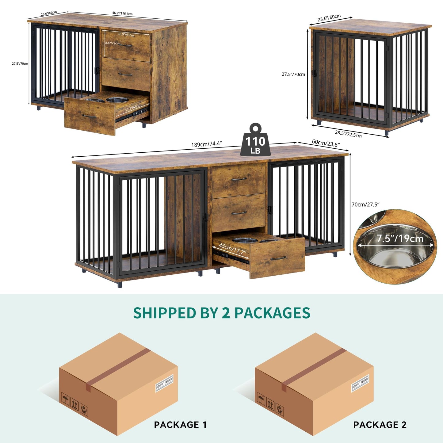 YITAHOME 74" Double Dog Crate Furniture with 2 Feeder Bowls, Wooden Dog Kennel TV Stand with Room Divider for 2 Large Medium Small Dogs, Rustic Brown