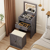 FREDEES Farmhouse 3 in 1 Vanity Desk with Mirror,Small Makeup Vanity Set with Soft Light, Space-Saving Makeup Vanity with Storage Compartment and Padded Stool,Dressing Table for Bedroom,Grey FREDEES