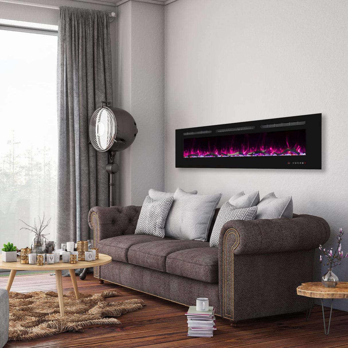 Oxhark Flame 72inch Electric Fireplace in Wall Recessed and Wall Mounted Fireplace Electric, 13 Flame Colors, Realistic Logs &Crystals Fuel Bed, Adjustable Temperature and Timer, 750W/1500W, Black Oxhark Flame