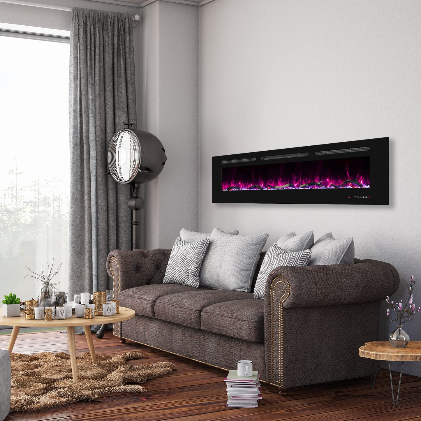 Oxhark Flame 72inch Electric Fireplace in Wall Recessed and Wall Mounted Fireplace Electric, 13 Flame Colors, Realistic Logs &Crystals Fuel Bed, Adjustable Temperature and Timer, 750W/1500W, Black