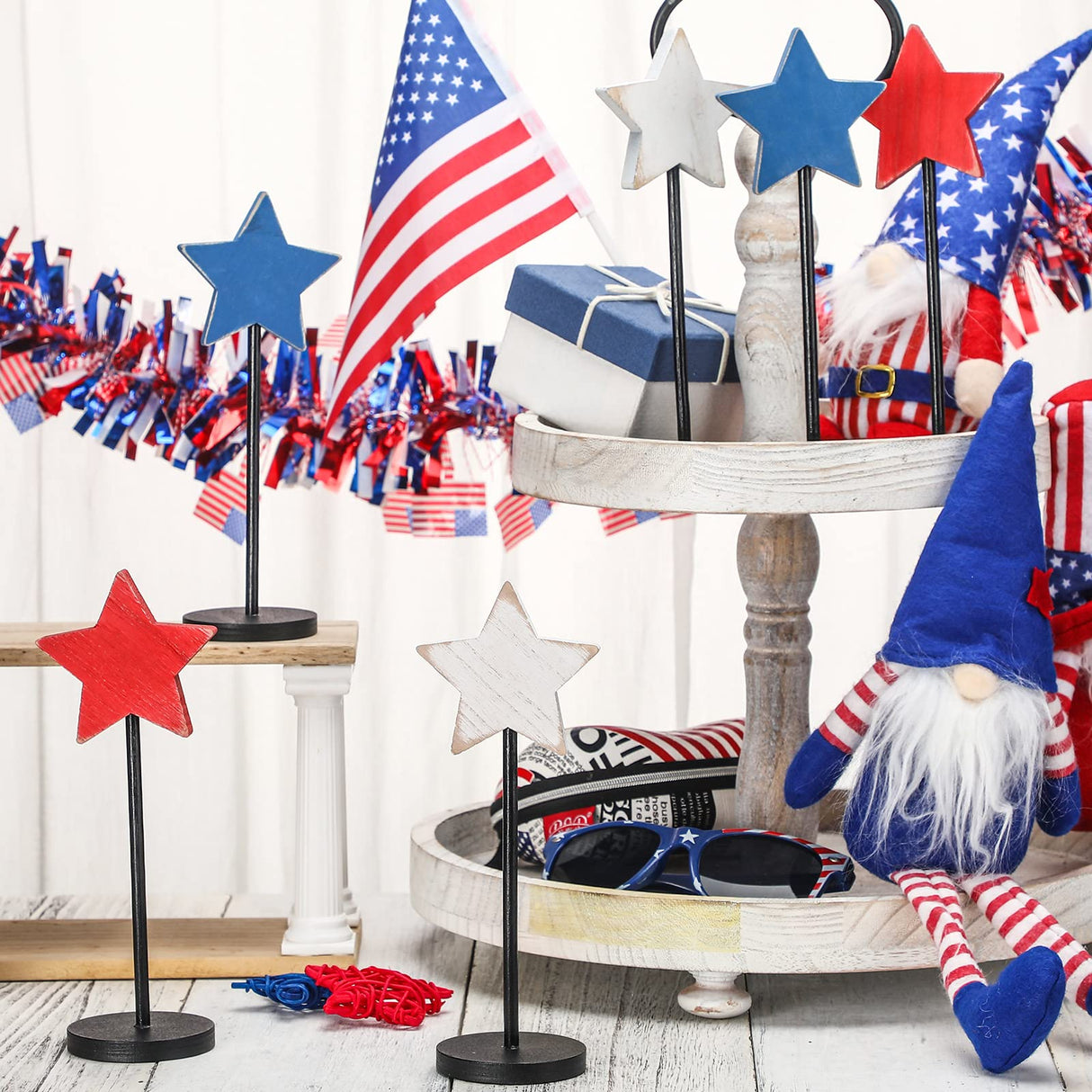 6 Pcs 4th of July Wooden Star Decoration Independence Day Standing Wooden Star Tiered Tray Decor Farmhouse Rustic Patriotic Blocks Memorial Day Tabletop Decor for American Festival Home Decorations BBTO