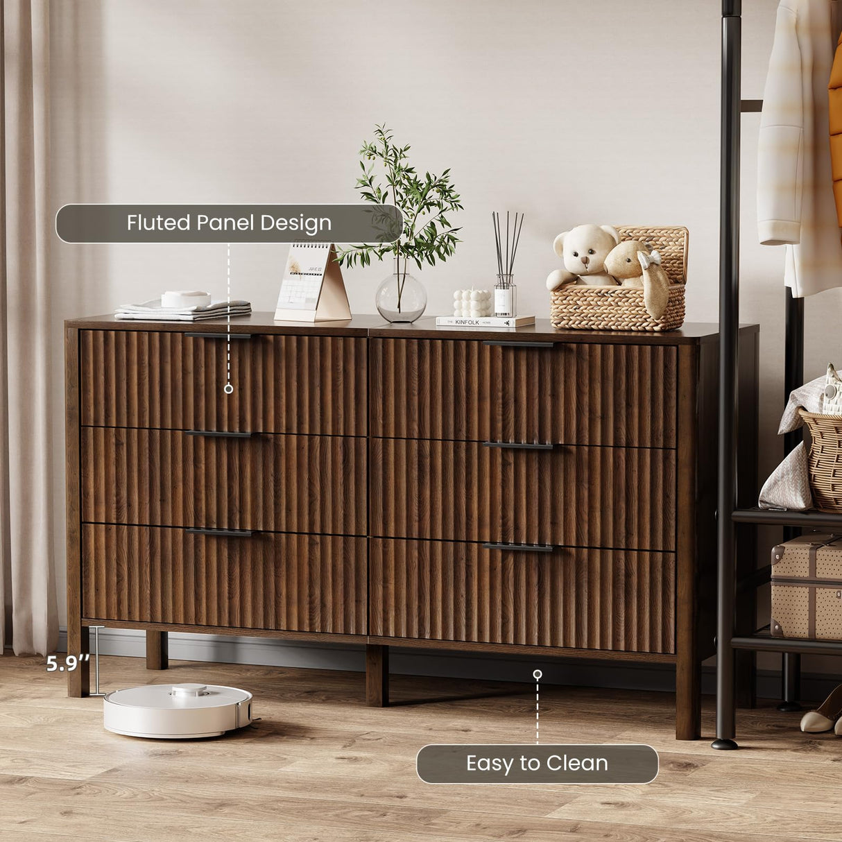 55" Wide Fluted 6 Drawer Dresser for Bedroom, Wooden Dresser Modern Chest of Drawers TV Stand Dressers with Organizer Storage for Bedroom, Living Room, Entryway, Hallway, Walnut MODNEST