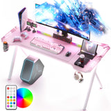 Dowinx Gaming Desk with LED Lights, RGB Gaming Computer Table with Carbon Fibre Surface, LED Home Office Desk with Remote Control, Pc Workstation with Cup Holder and Headphone Hook, 47 Inch, Pink Dowinx