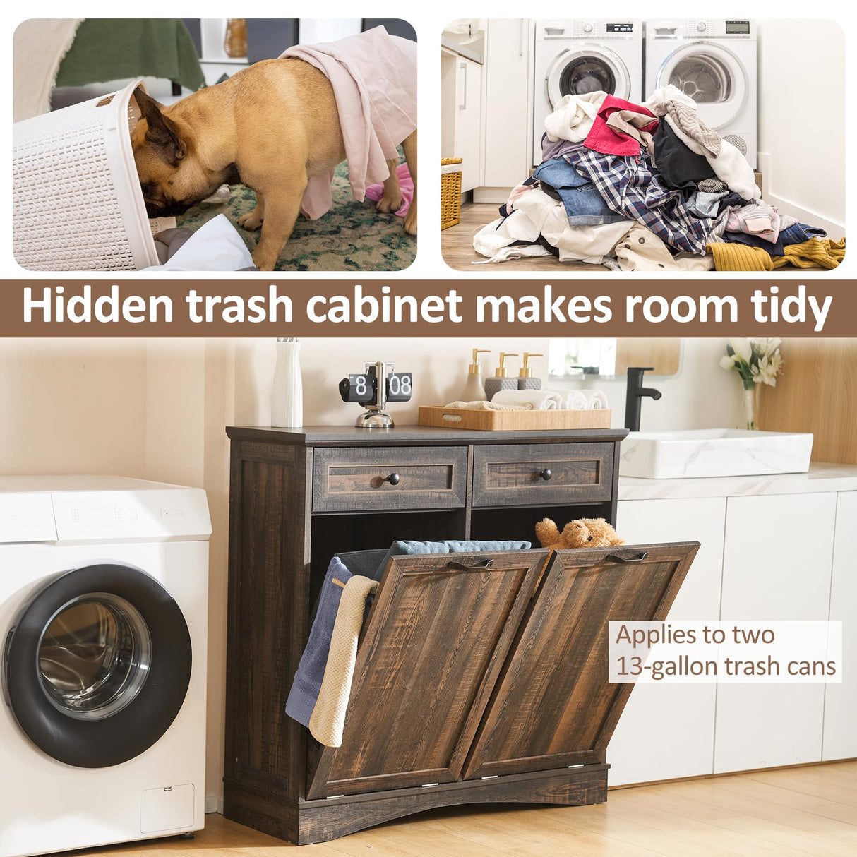 Spurgehom Double Tilt Out Trash Cabinet 13 Gallon Kitchen Waste Bins, Laundry Hamper Tilt Out Pet Proof Hidden Trash Bin for Kitchen,Rustic Black Spurgehom