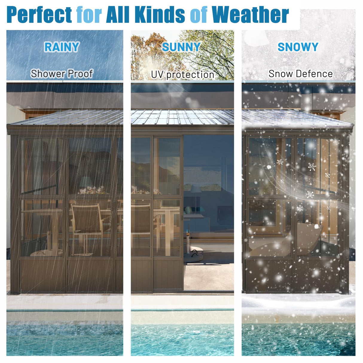 Domi 12x16FT Sunroom,Wall Mounted Gazebo Solarium with Front Door, Side Entrance, Galvanized Steel Sloping Roof, Moveable PC Screen, Outdoor Permanent Sun Room Lean to Gazebo for Deck Patio domi outdoor living