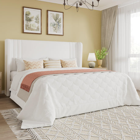 SHA CERLIN Queen Size Velvet Upholstered Platform Bed Frame with Vertical Channel Tufted Wingback Headboard, Wooden Slats Support, Easy Assembly, Under Bed Storage, No Box Spring Required, White SHA CERLIN