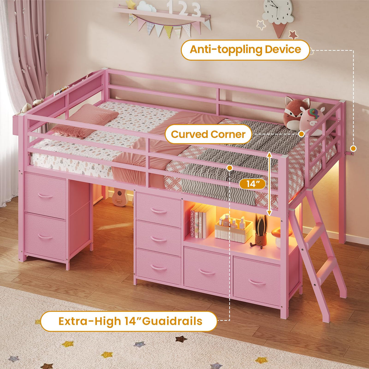ADORNEVE Low Loft Bed Twin Size with 7 Storage Drawers, Bookcase and LED Lights, Metal Kids Loft Bed with 14" H Safety Guardrail,Inclined Ladder and Play Curtain, Under-Bed Play Space,Pink ADORNEVE