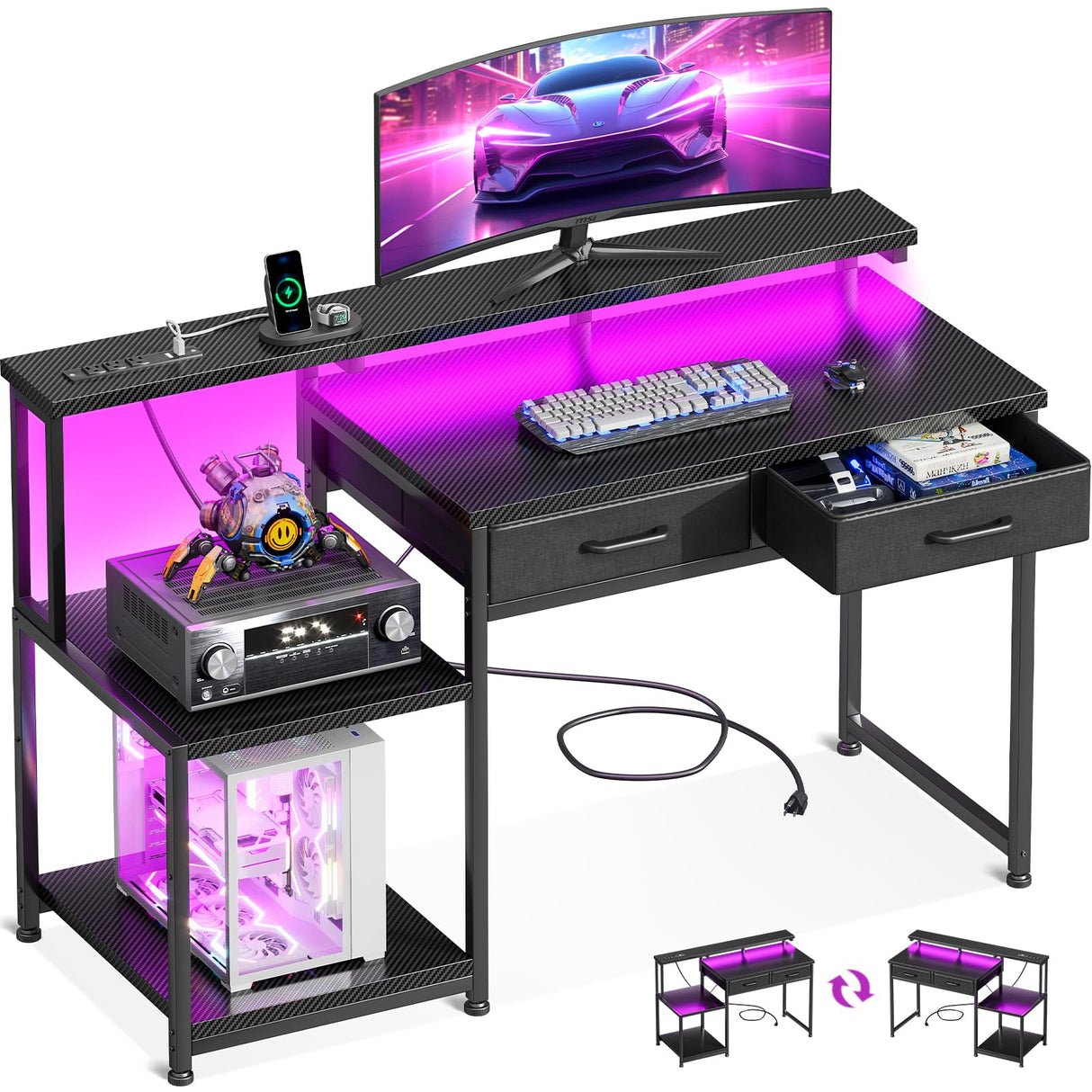 ODK Gaming Desk with Led Lights & Power Outlet, 48 Inch Computer Desk with Drawers, Office Desk with Large Display Storage Shelves, Reversible Desk with Monitor Stand for Home, Carbon Fiber Black ODK