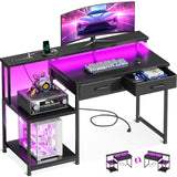 ODK Gaming Desk with Led Lights & Power Outlet, 48 Inch Computer Desk with Drawers, Office Desk with Large Display Storage Shelves, Reversible Desk with Monitor Stand for Home, Carbon Fiber Black ODK