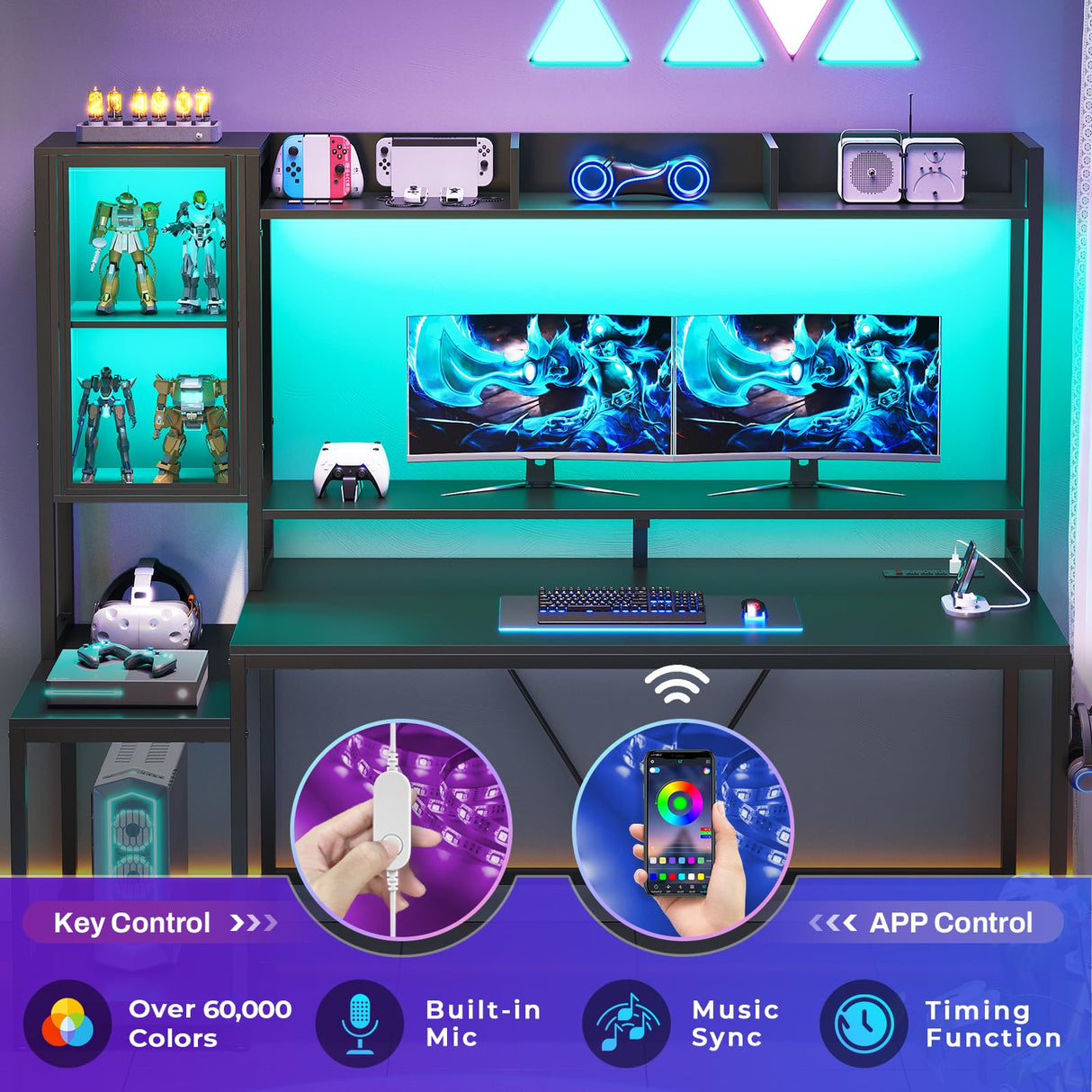 SEDETA Gaming Desk, 60'' Gaming Desk with Hutch and LED Lights, Computer Desk with Storage Shelves, Large PC Gamer Desk with Display Cabinet, Monitor Stand, Power Outlet for Home Office, Black SEDETA