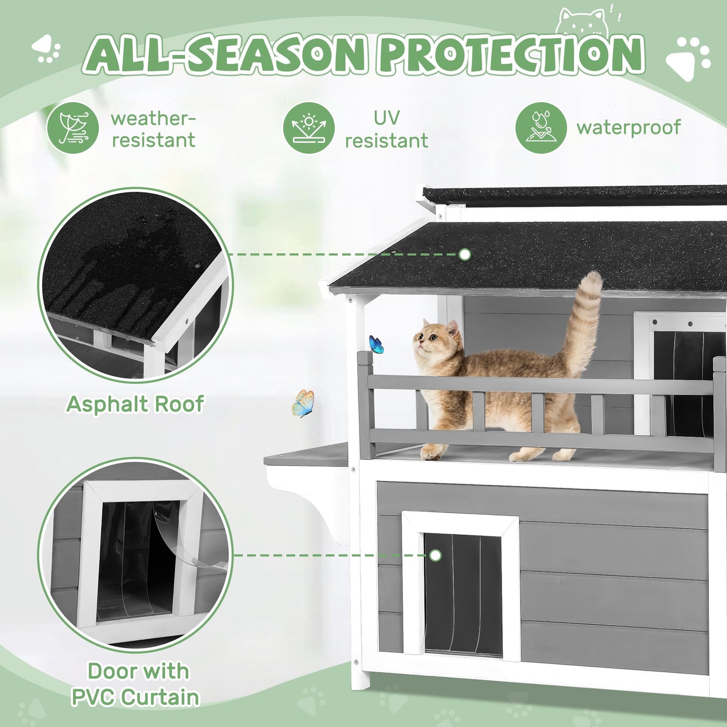 Oakcloud Outdoor Cat House Shelter Weatherproof, 2-Story Feral Cat Patio with Clamshell Asphalt Roof and Door with PVC Curtain, Wooden Cat Condos Provide All-Season Protection