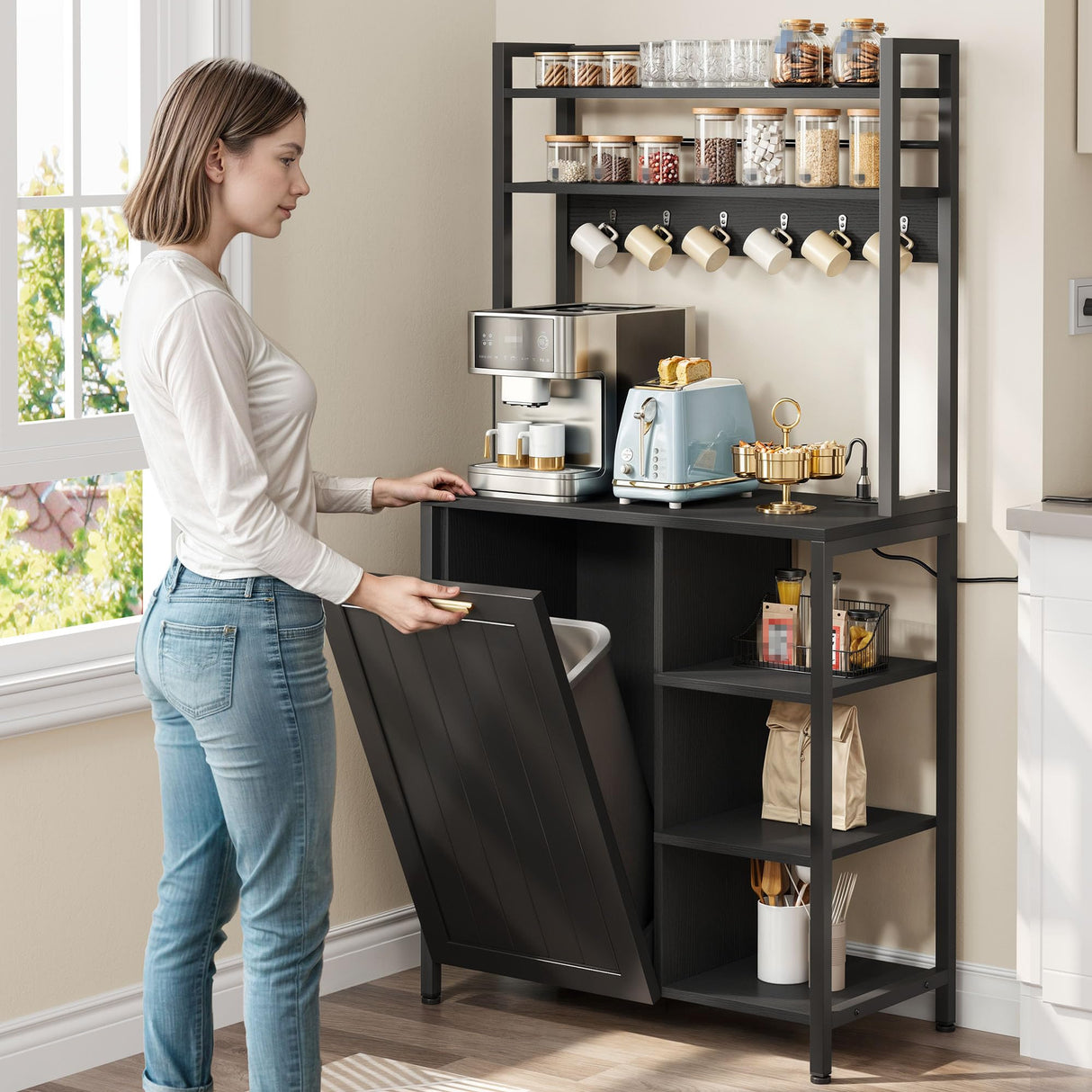 YITAHOME Bakers Rack with Storage Microwave Stand with Trash Can Bin Cabinet and Power Outlet 6-Tiers Coffee Stand Large Microwave Table for Kitchen Dining Room Living Room Black YITAHOME