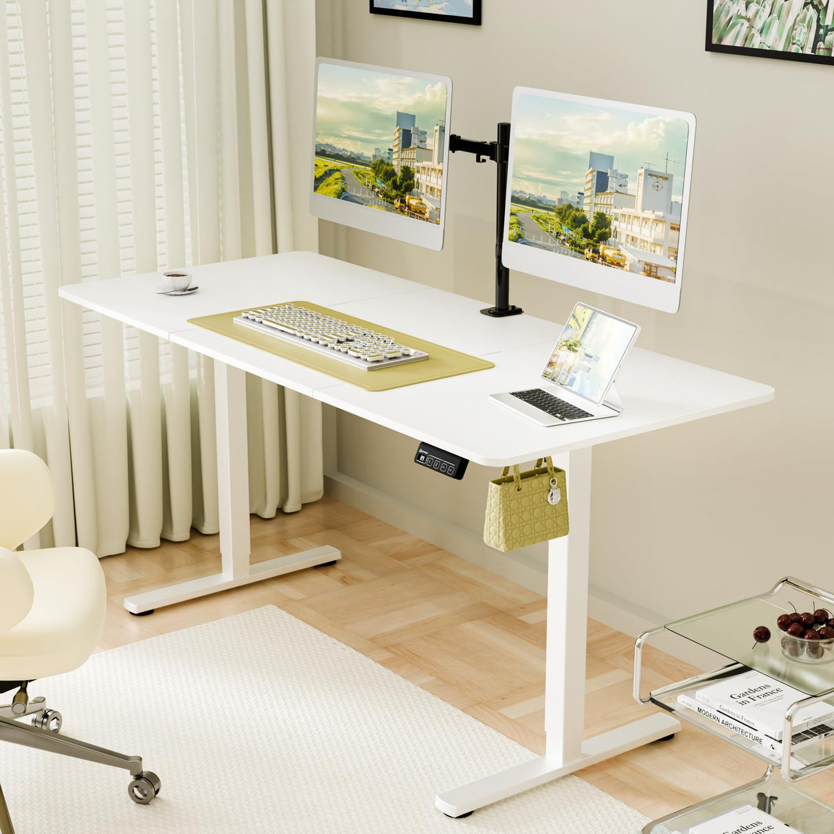 ERGOMAKER 63" Electric Standing Desk, Adjustable Height, Sit Stand Up Desk for Home Office & Computer Workstations, Memory Controller, White ERGOMAKER