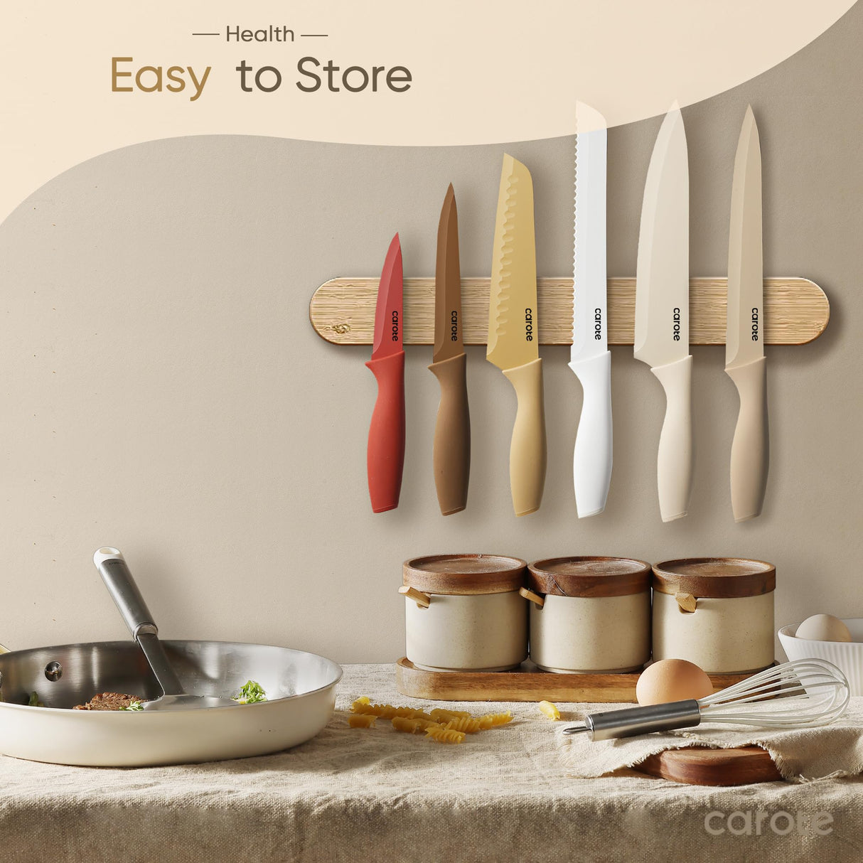 CAROTE 12 Pieces Kitchen Knife Set, Stainless Steel Knife Set With Nonstick Ceramic Coating, Dishwasher Safe with 6 Blade Guards, Rustproof, Brown CAROTE