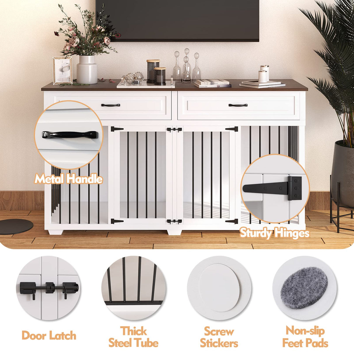 PIAOMTIEE Dog Crate Furniture, 72.4 Inch Wooden Dog Kennel, Modern Decorative Dog Crate End Table, Dog House with Double Doors, Drawers, Divider, Indoor Dog Cage for Large Medium Dogs, White PIAOMTIEE