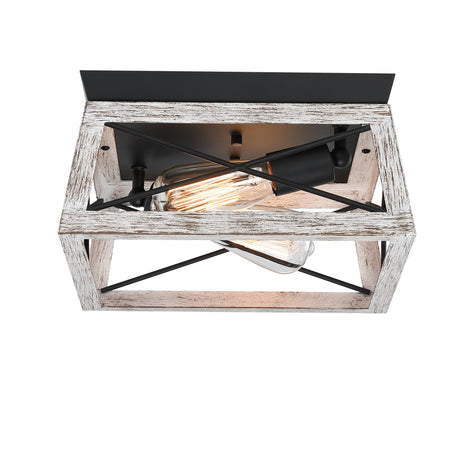 2-Bulb Black and Wood Flush Mount Ceiling Light with White Wood Grain Finish Rustic Vintage Ceiling Light for Closet Dinning Room Bedroom Faux Wood Farmhouse Ceiling Mount Light Fixture Faymart lighting