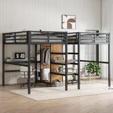 LUMISOL Loft Bed Twin Size with Desk, Metal Double Loft Bed Frame with Charging Station, Wardrobe & Storage Shelves, Noise Reduced, Black+Natural Wood LUMISOL